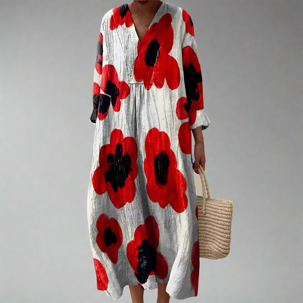 Barbara™ | Floral Maxi Dress with Poppy Print and V-Neck