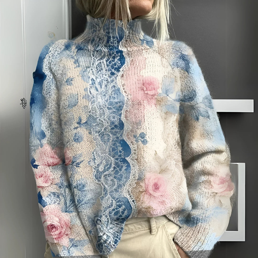 Sophia - Lace Floral Turtleneck Sweater