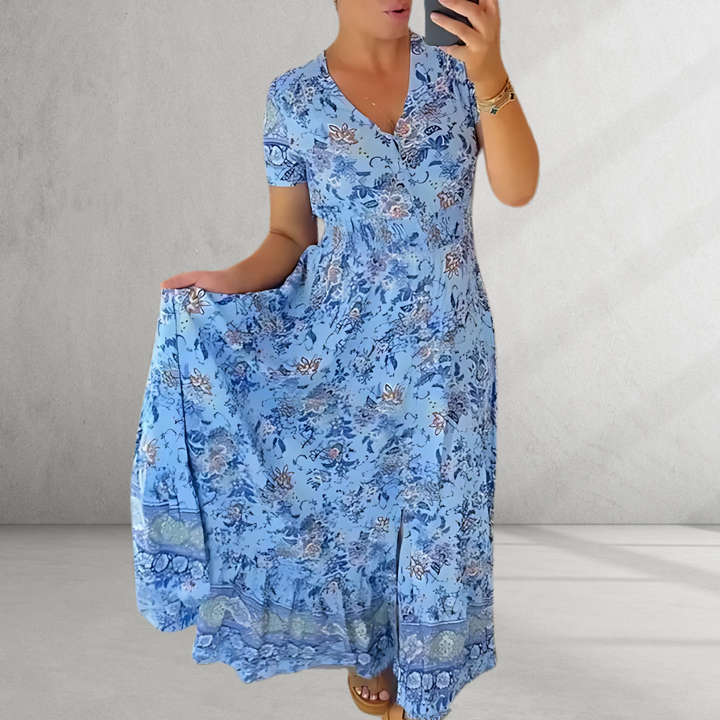 Alegra - Print Cozy V-neck Long Dress