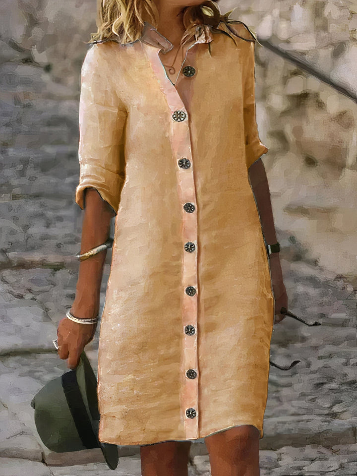 Isla - Button-Up Knee-Length Linen Dress