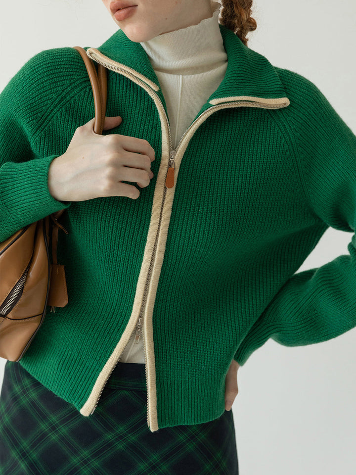 Margaret – Two-Way Zip Contrast Trim Cardigan