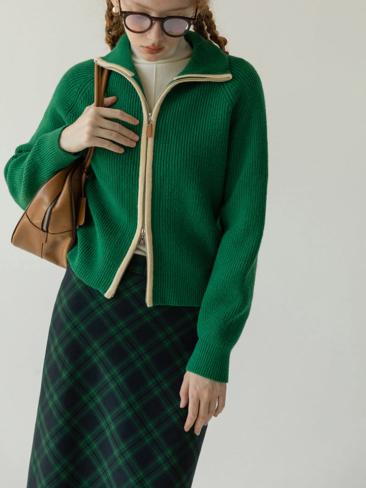 Margaret – Two-Way Zip Contrast Trim Cardigan