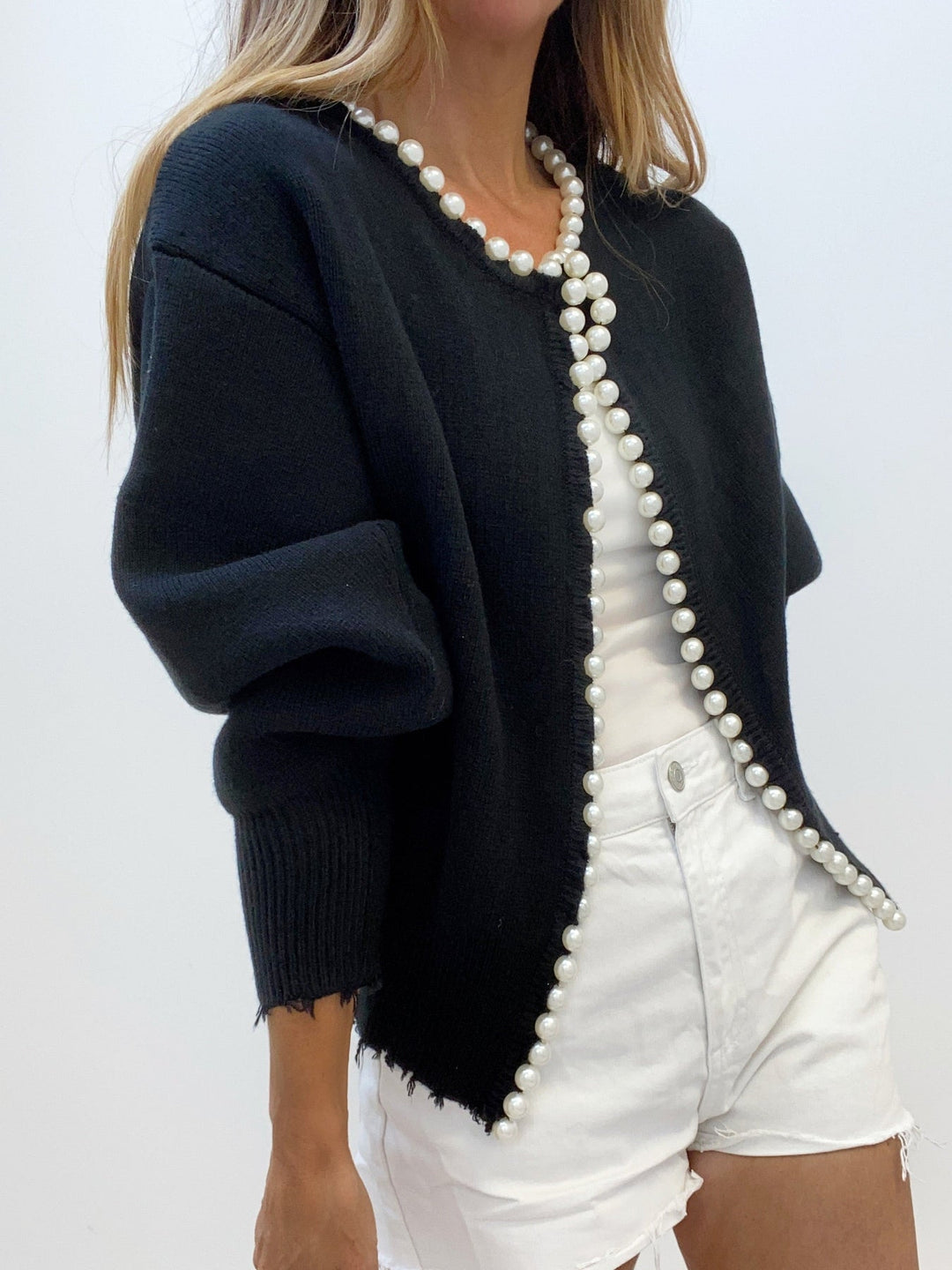 Anna – Pearl Trim Ripped Hem Cardigan