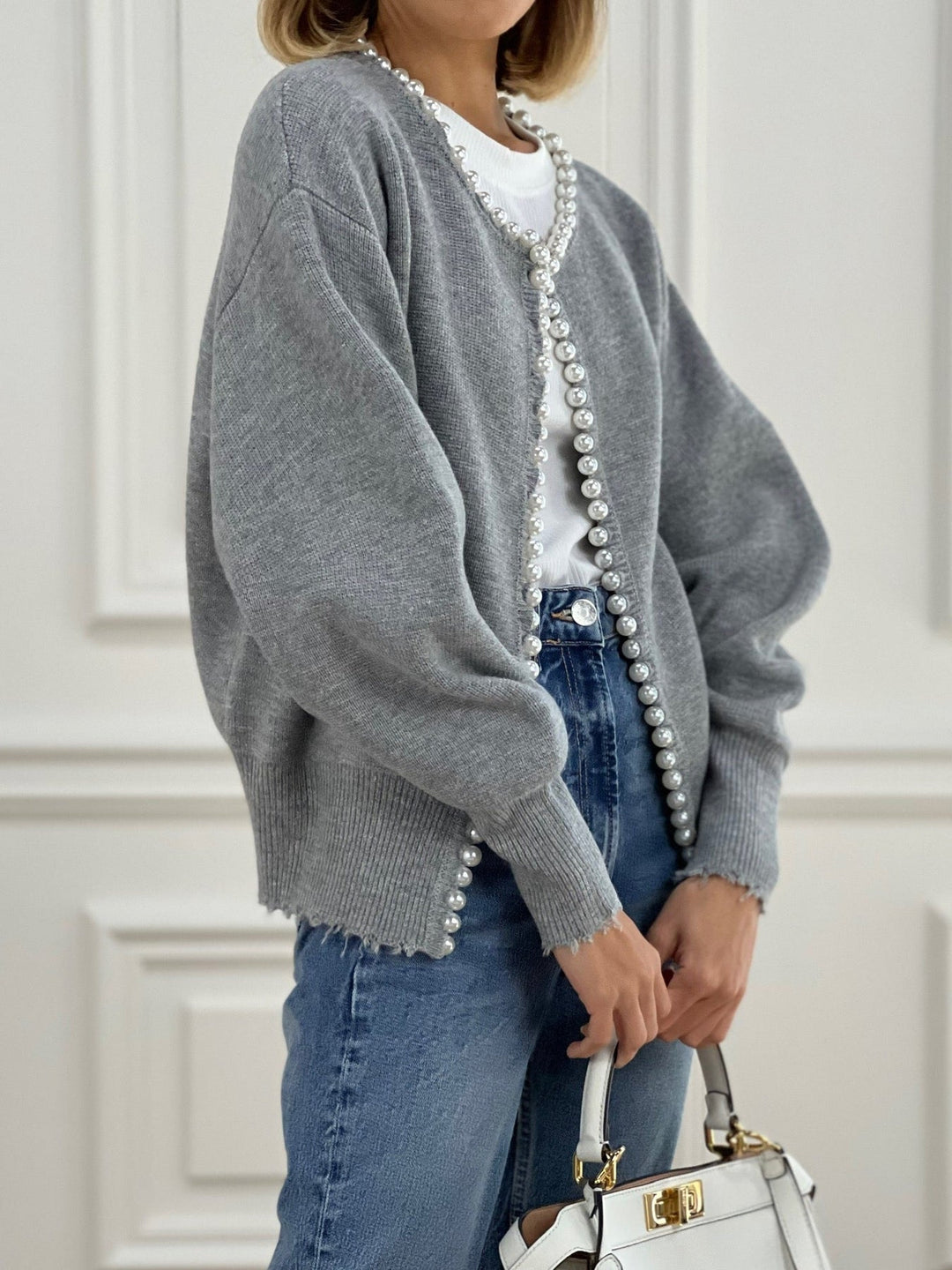 Anna – Pearl Trim Ripped Hem Cardigan