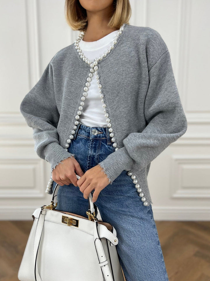 Anna – Pearl Trim Ripped Hem Cardigan