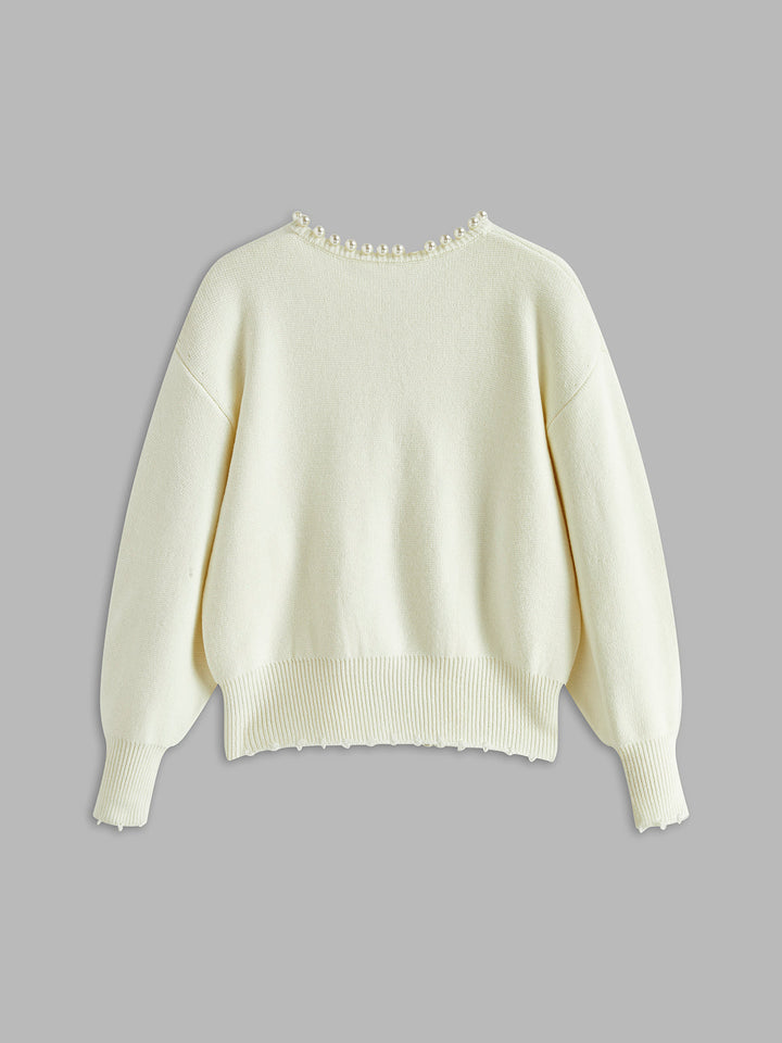 Anna – Pearl Trim Ripped Hem Cardigan