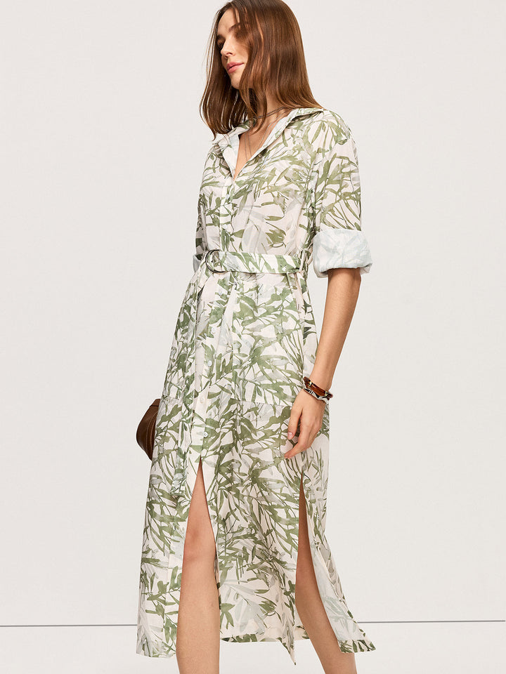 Bella - Leaf Printed  Belted Midi Dress with Slits