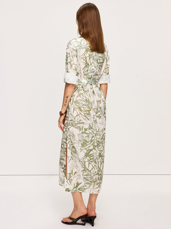 Bella - Leaf Printed  Belted Midi Dress with Slits