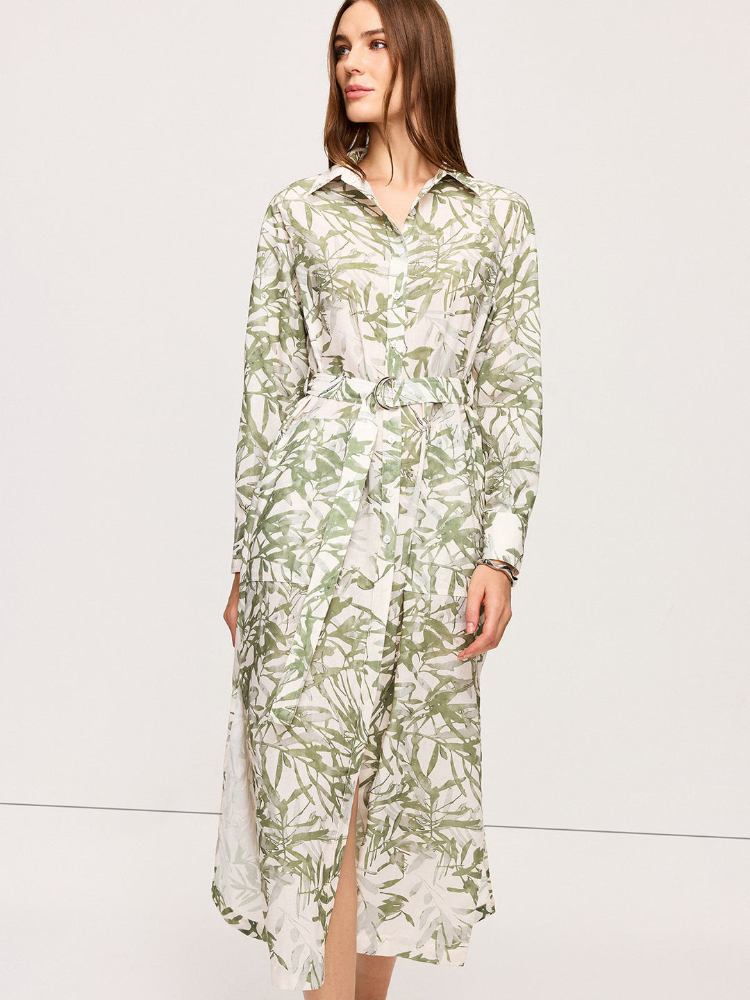 Bella - Leaf Printed  Belted Midi Dress with Slits