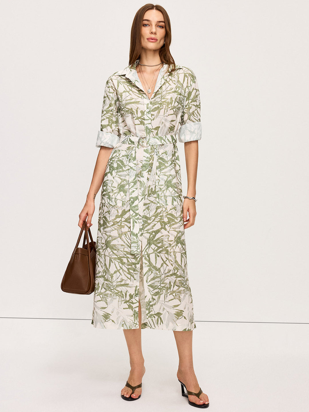 Bella - Leaf Printed  Belted Midi Dress with Slits