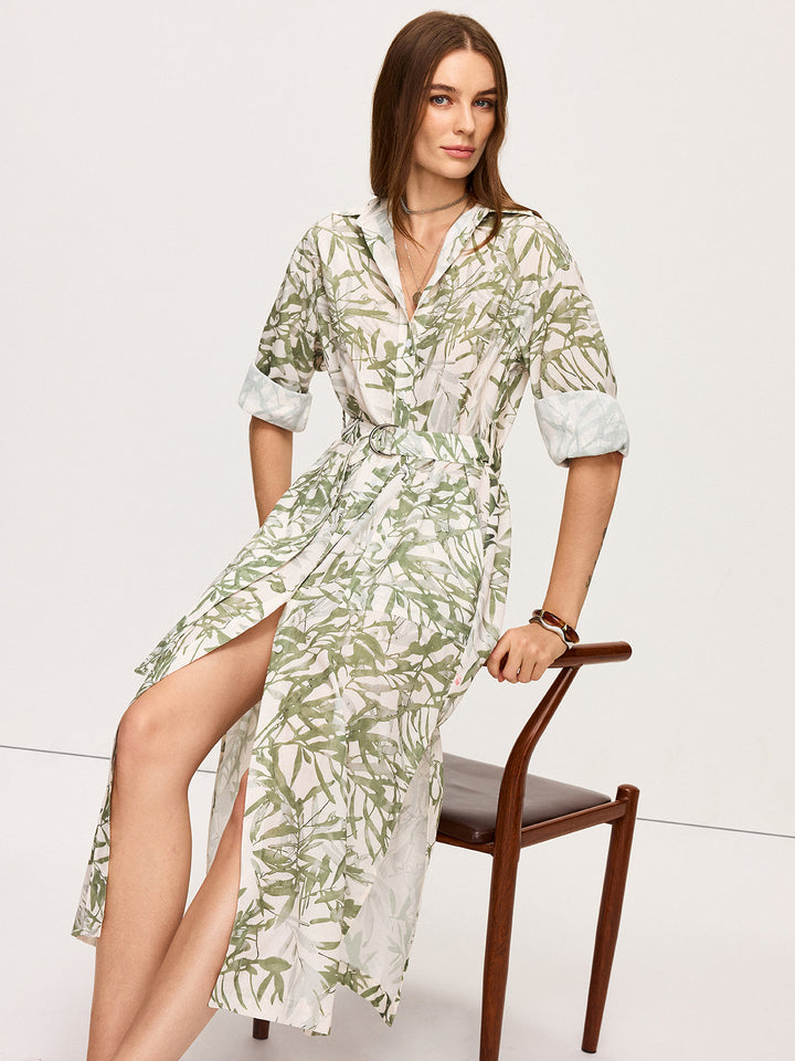 Bella - Leaf Printed  Belted Midi Dress with Slits