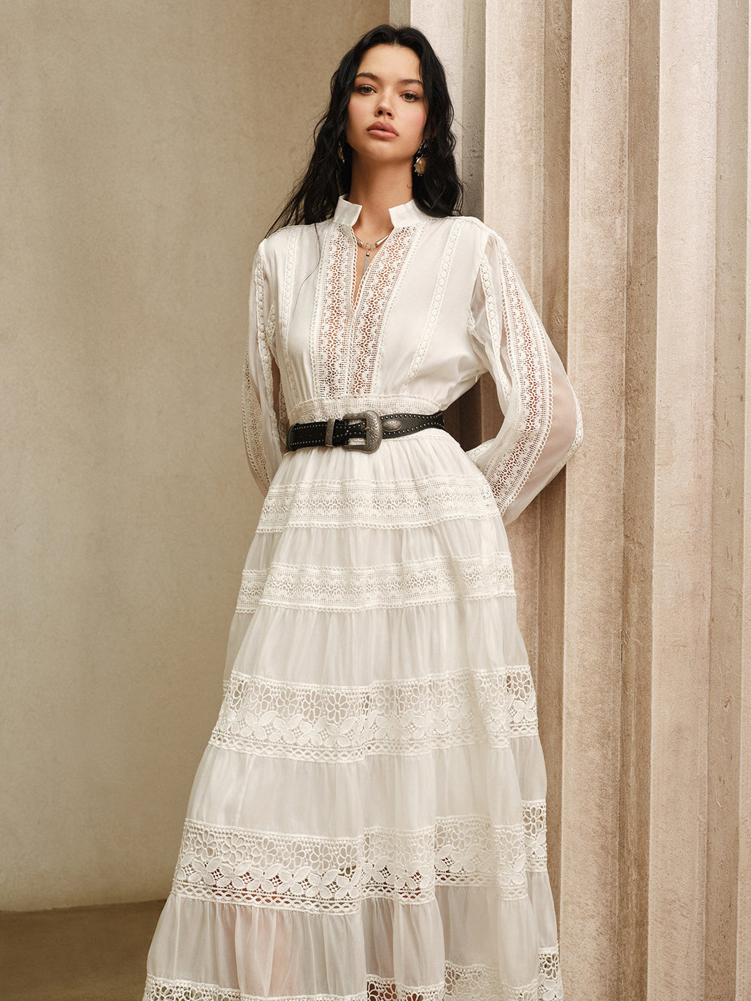 Margaret – Semi-Sheer Lace Panel Maxi Dress