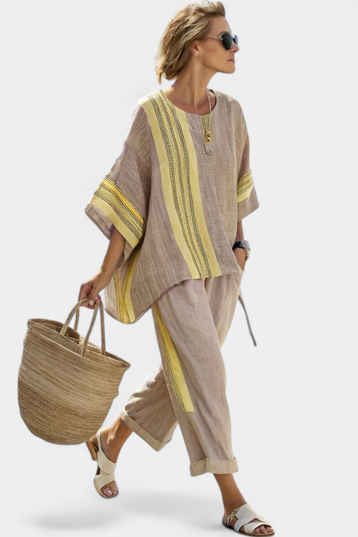 Bamboo linen set with enchanting lavender and yellow striped details