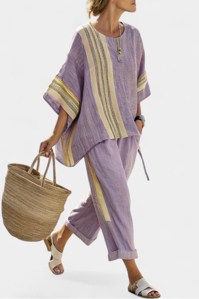 Bamboo linen set with enchanting lavender and yellow striped details