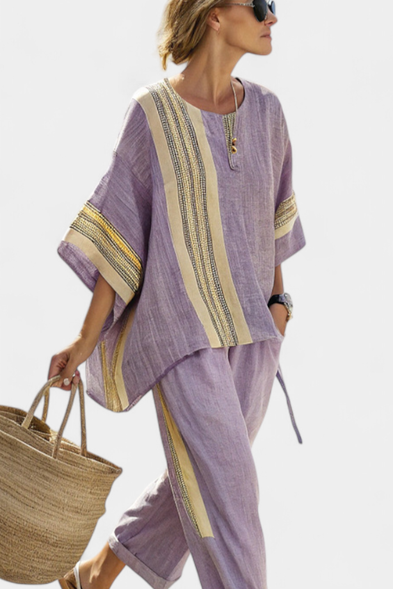 Bamboo linen set with enchanting lavender and yellow striped details