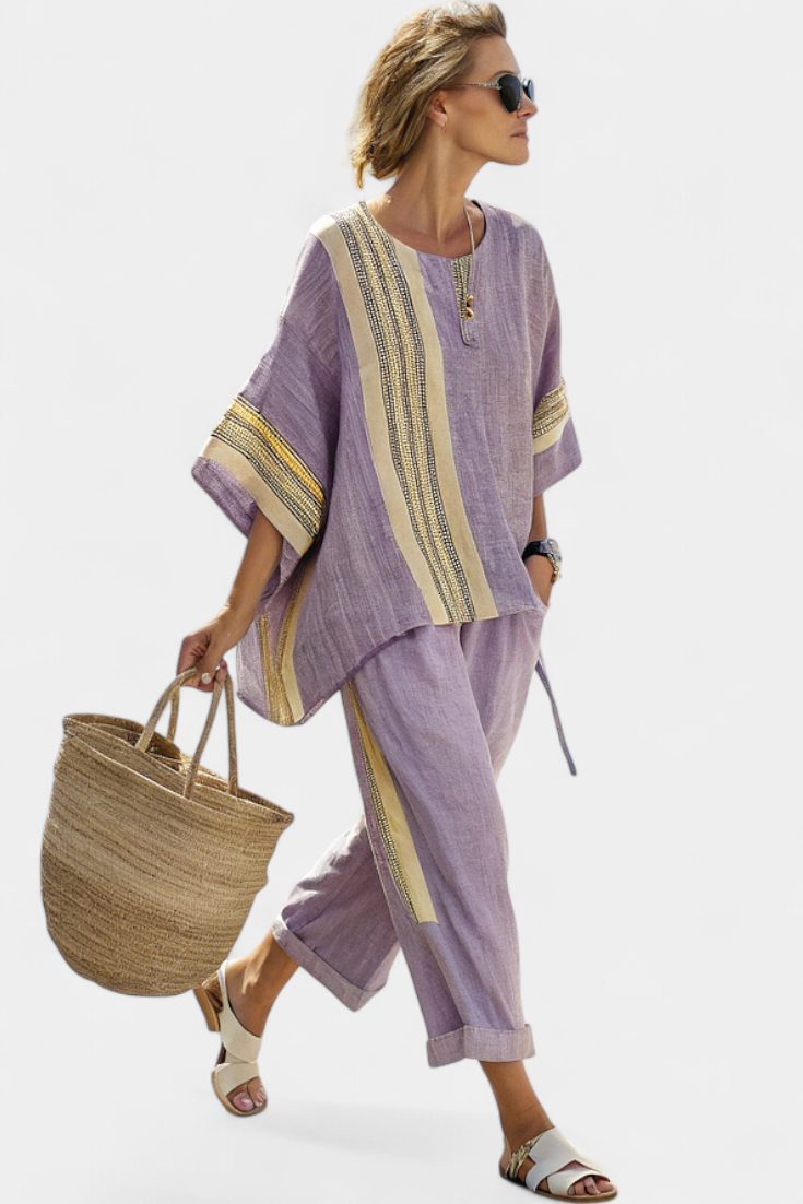 Bamboo linen set with enchanting lavender and yellow striped details