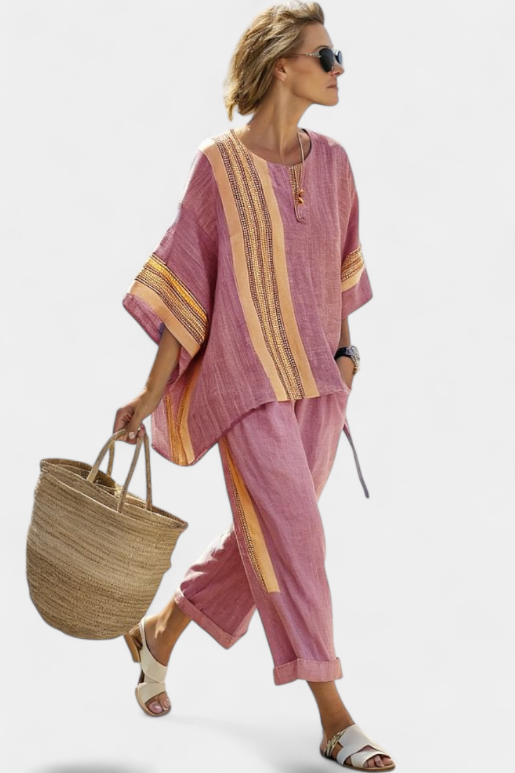 Bamboo linen set with enchanting lavender and yellow striped details