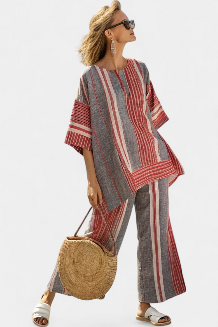 Complete Oversized Daisy in Linen with Coral and Gray Striped Skirt, Modern and Comfortable Style