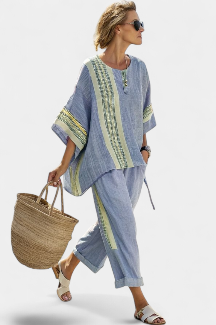 Bamboo linen set with enchanting lavender and yellow striped details