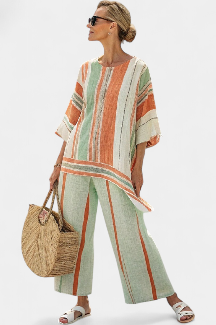 Elegant Bamboo Linen Striped Set with Asymmetric Blouse and Wide Pants for a Refined Style