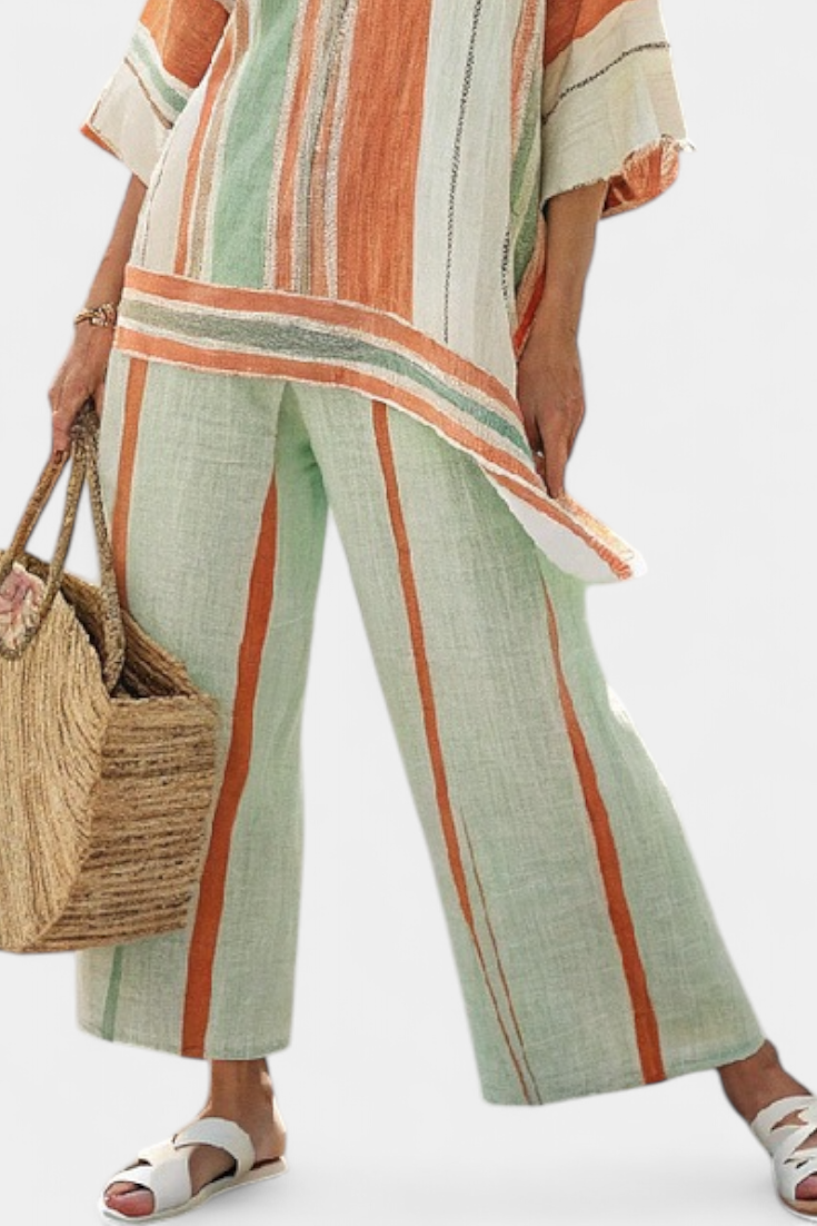 Elegant Bamboo Linen Striped Set with Asymmetric Blouse and Wide Pants for a Refined Style