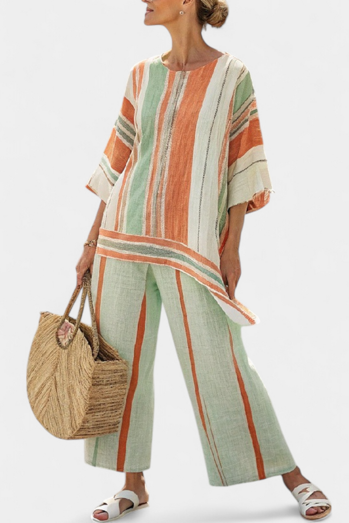Elegant Bamboo Linen Striped Set with Asymmetric Blouse and Wide Pants for a Refined Style