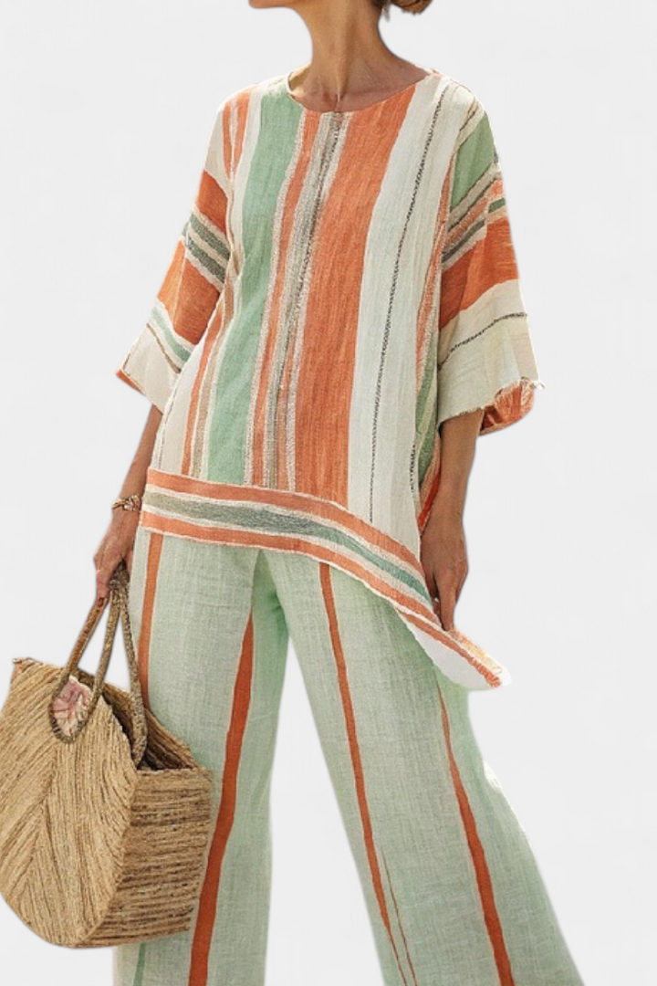 Elegant Bamboo Linen Striped Set with Asymmetric Blouse and Wide Pants for a Refined Style